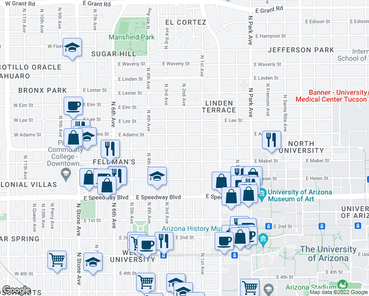 map of restaurants, bars, coffee shops, grocery stores, and more near E Drachman St & N 2nd Ave in Tucson