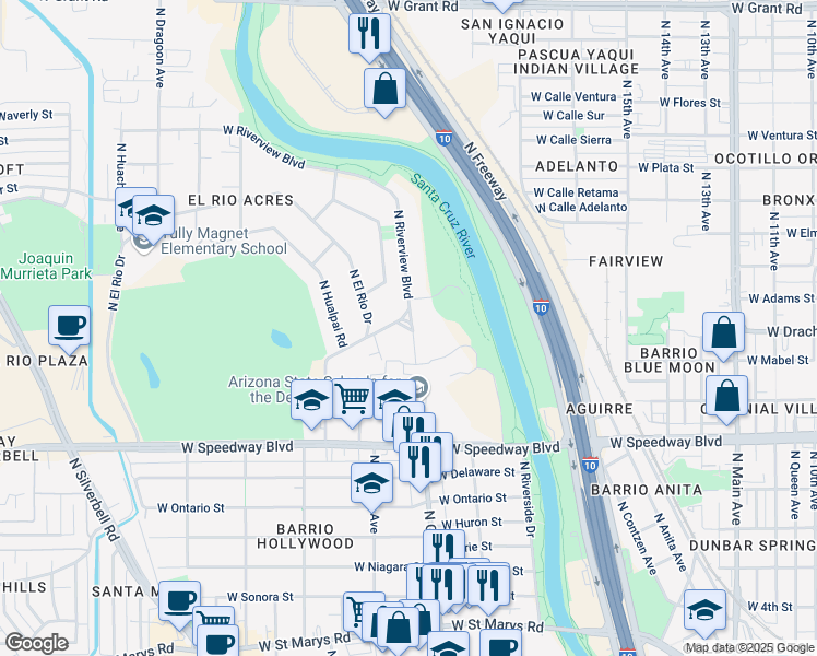 map of restaurants, bars, coffee shops, grocery stores, and more near 1335 North Apache Drive in Tucson