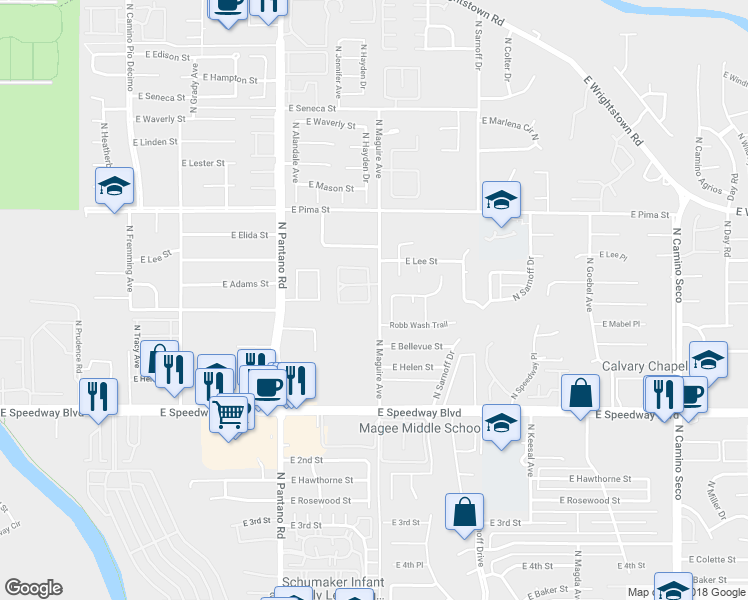 map of restaurants, bars, coffee shops, grocery stores, and more near 1450 North Cll De Arvayo in Tucson