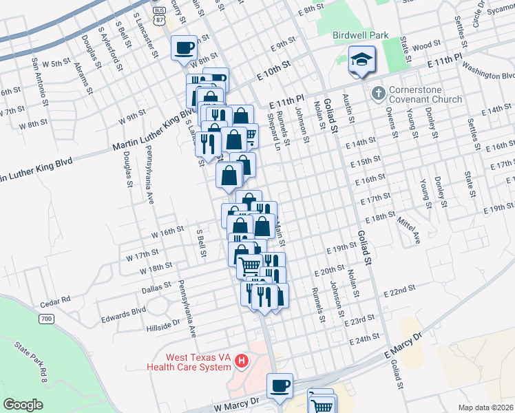 map of restaurants, bars, coffee shops, grocery stores, and more near 1501-1599 Scurry St in Big Spring
