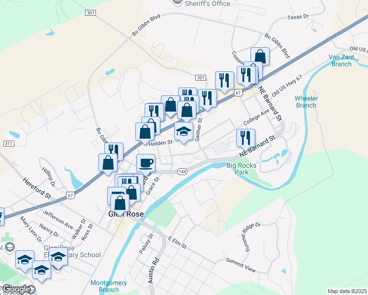 map of restaurants, bars, coffee shops, grocery stores, and more near 805 College Avenue in Glen Rose