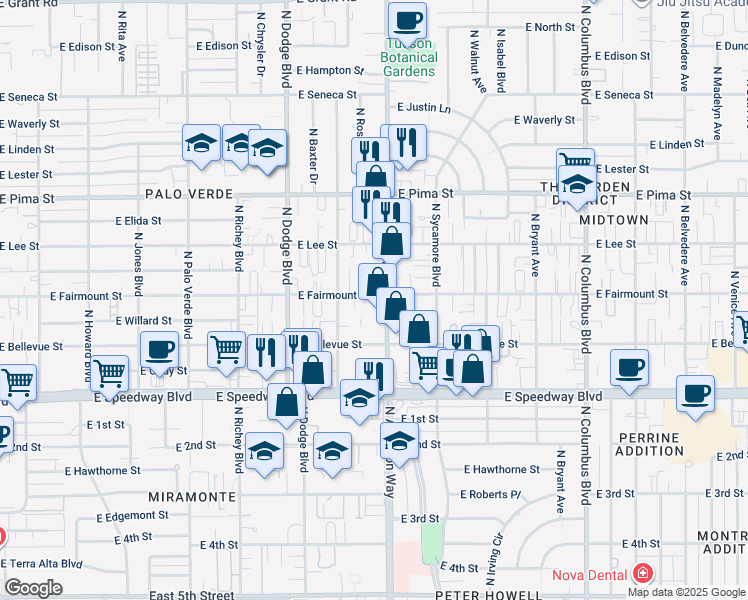 map of restaurants, bars, coffee shops, grocery stores, and more near 1375 North Alvernon Way in Tucson