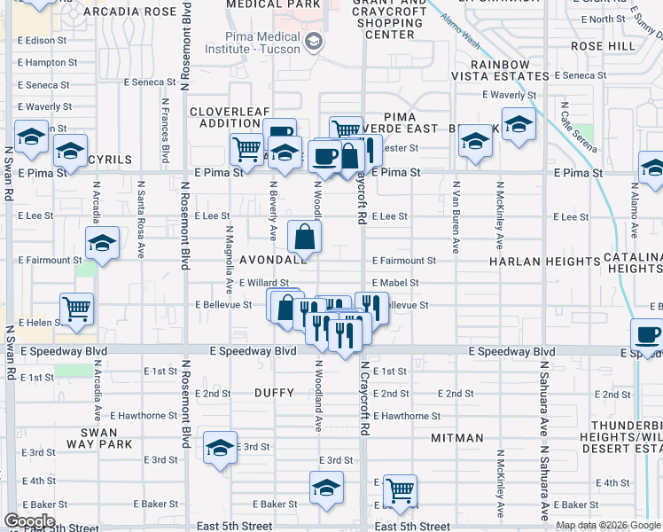 map of restaurants, bars, coffee shops, grocery stores, and more near 5418 East Fairmount Street in Tucson