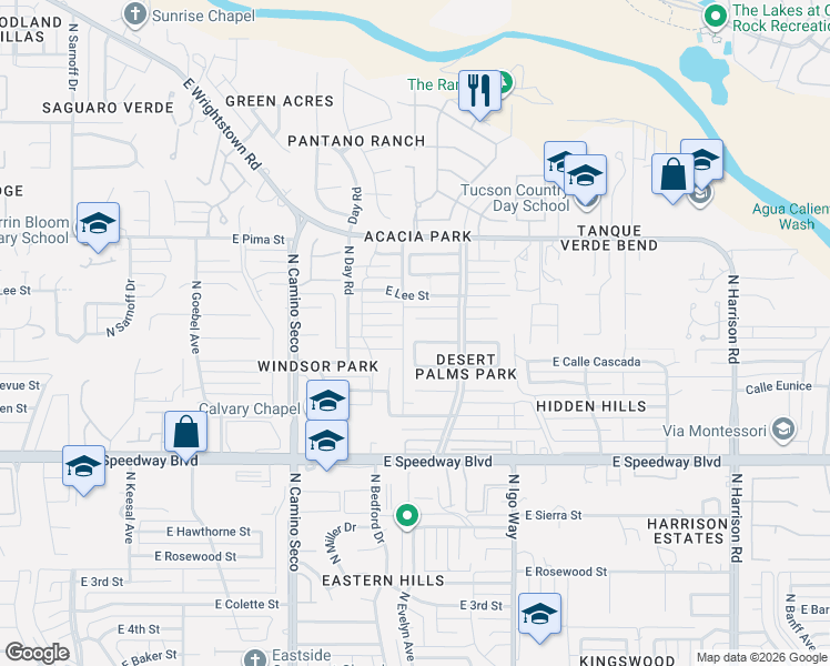 map of restaurants, bars, coffee shops, grocery stores, and more near 8917 East Calle Playa in Tucson