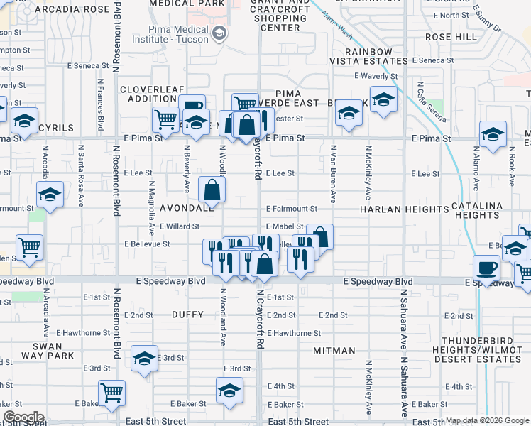 map of restaurants, bars, coffee shops, grocery stores, and more near in Tucson