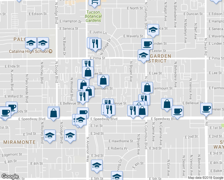 map of restaurants, bars, coffee shops, grocery stores, and more near 4066 East Fairmount Street in Tucson