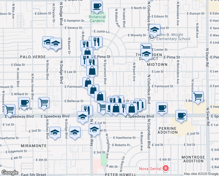 map of restaurants, bars, coffee shops, grocery stores, and more near 4014 East Fairmount Street in Tucson