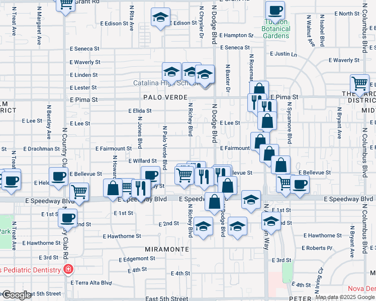 map of restaurants, bars, coffee shops, grocery stores, and more near 1320 North Richey Boulevard in Tucson