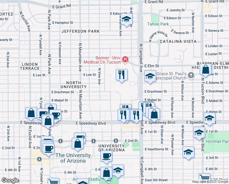 map of restaurants, bars, coffee shops, grocery stores, and more near 1642 East Drachman Street in Tucson