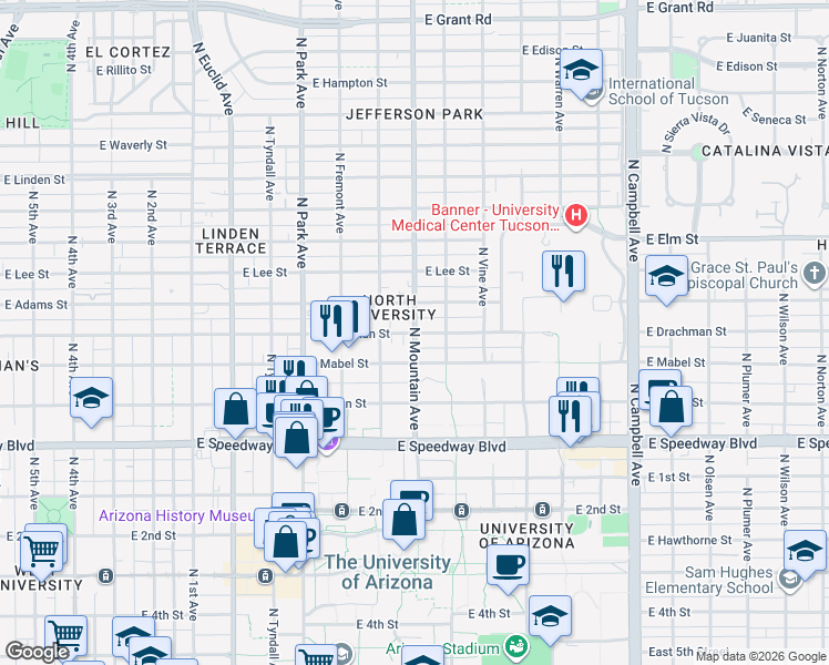 map of restaurants, bars, coffee shops, grocery stores, and more near North Mountain Avenue & East Drachman Street in Tucson