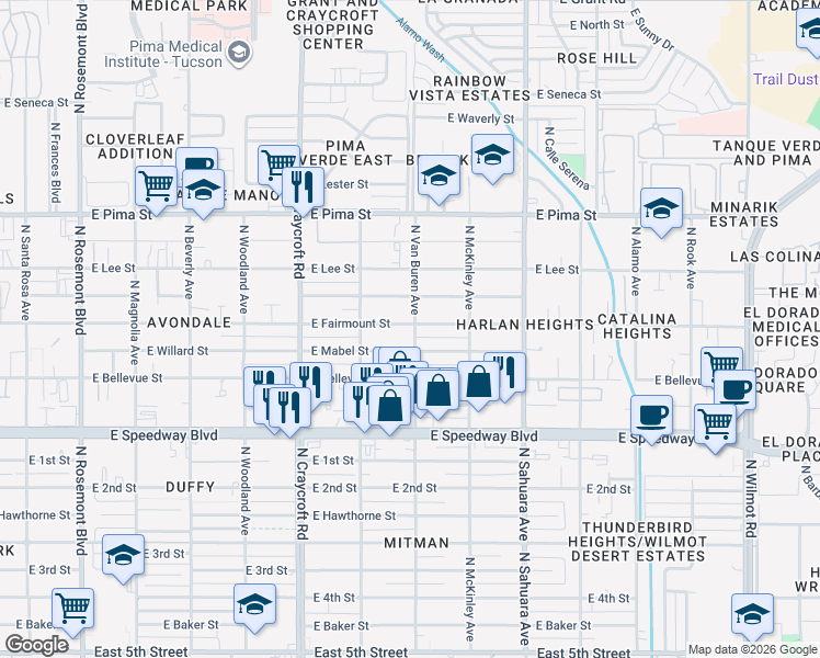 map of restaurants, bars, coffee shops, grocery stores, and more near 5656 East Fairmount Street in Tucson