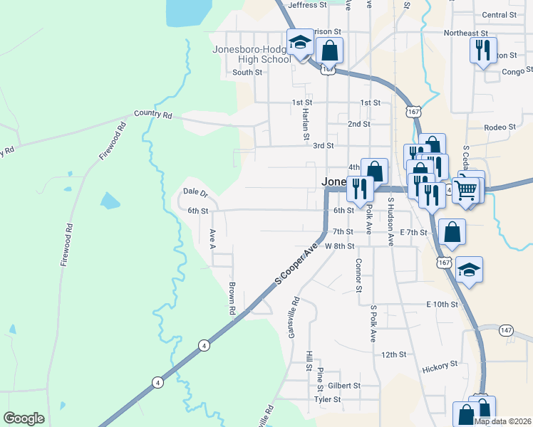 map of restaurants, bars, coffee shops, grocery stores, and more near 707 6th Street in Jonesboro