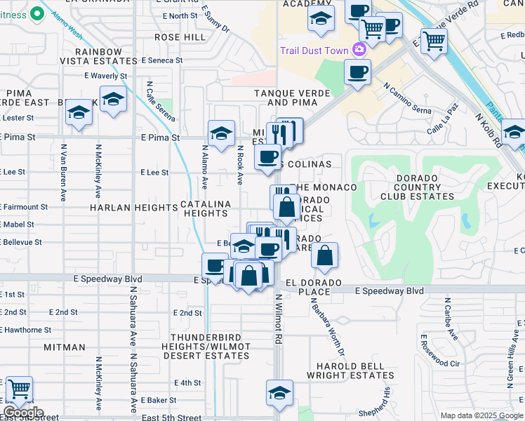 map of restaurants, bars, coffee shops, grocery stores, and more near 20 East Fairmount Street in Tucson