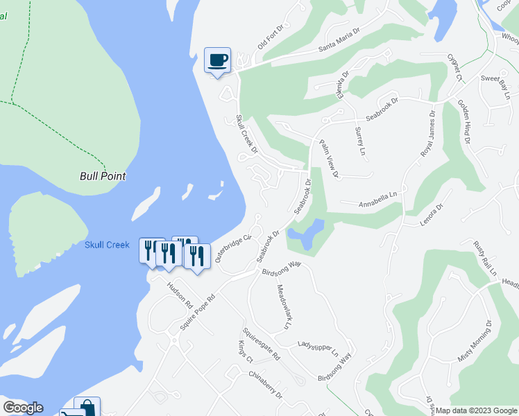 map of restaurants, bars, coffee shops, grocery stores, and more near 12 Hadley Lane in Hilton Head Island