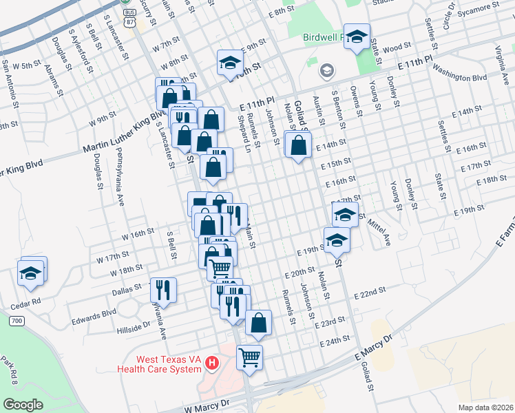 map of restaurants, bars, coffee shops, grocery stores, and more near 100 East 16th Street in Big Spring