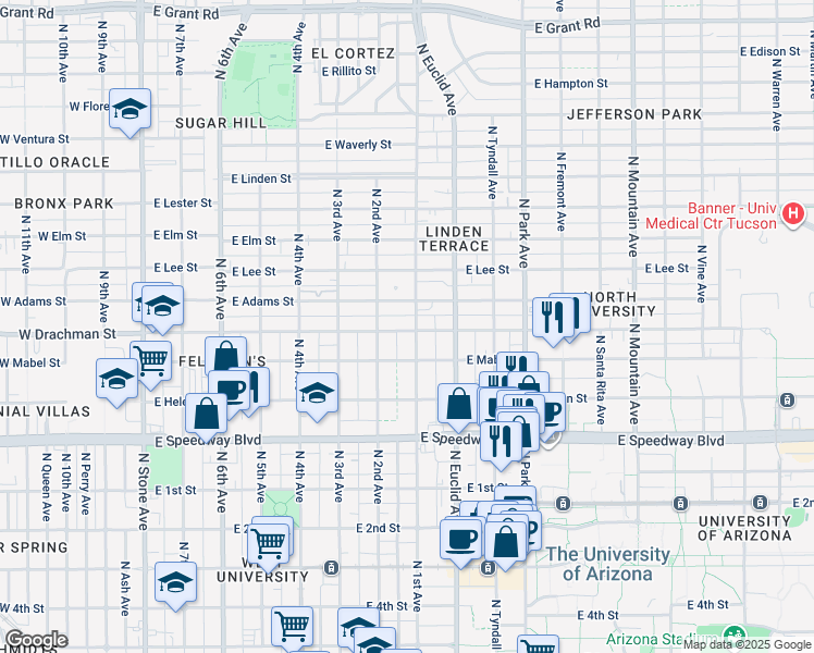 map of restaurants, bars, coffee shops, grocery stores, and more near 1340 North 1st Avenue in Tucson