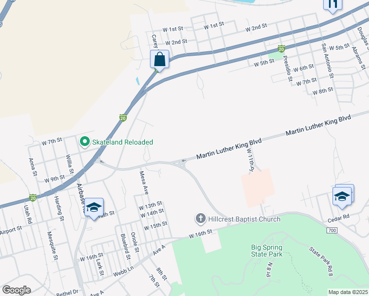 map of restaurants, bars, coffee shops, grocery stores, and more near 1900 Martin Luther King Boulevard in Big Spring