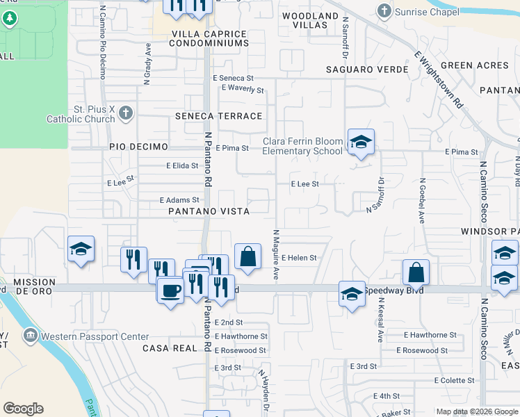 map of restaurants, bars, coffee shops, grocery stores, and more near 1450 North Cll De Arvayo in Tucson