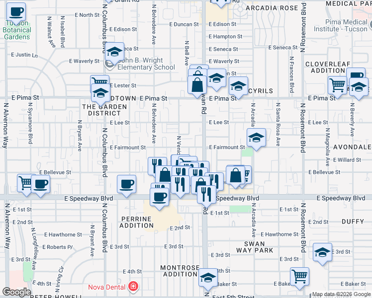 map of restaurants, bars, coffee shops, grocery stores, and more near 1320 North Roberts Way in Tucson