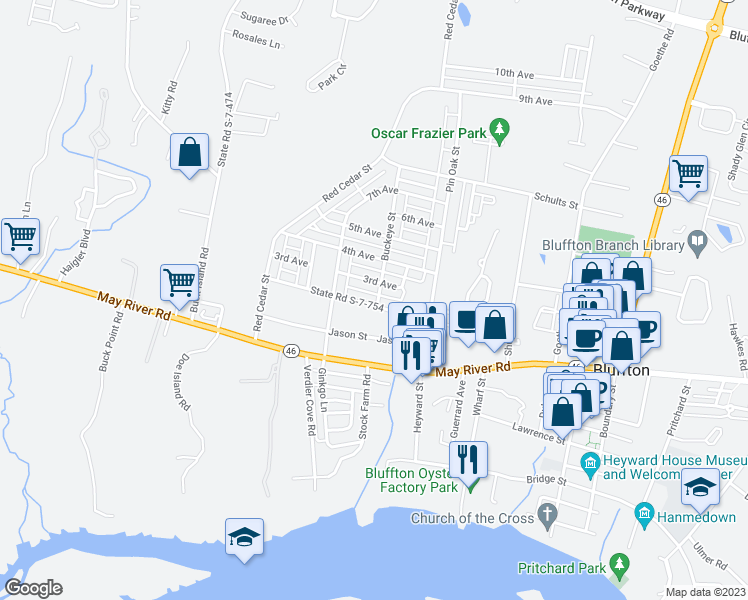 map of restaurants, bars, coffee shops, grocery stores, and more near 34 Able Street in Bluffton