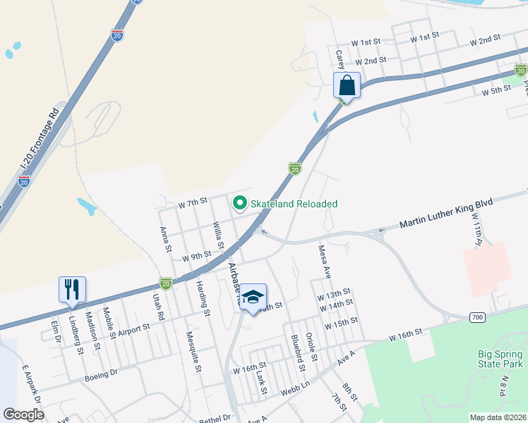 map of restaurants, bars, coffee shops, grocery stores, and more near 2901 West 8th Street in Big Spring