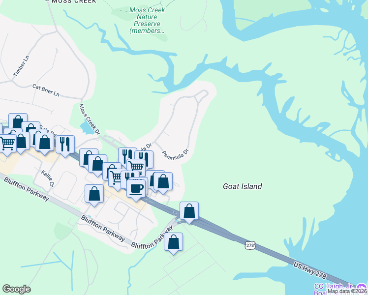 map of restaurants, bars, coffee shops, grocery stores, and more near 80 Peninsula Drive in Hilton Head Island