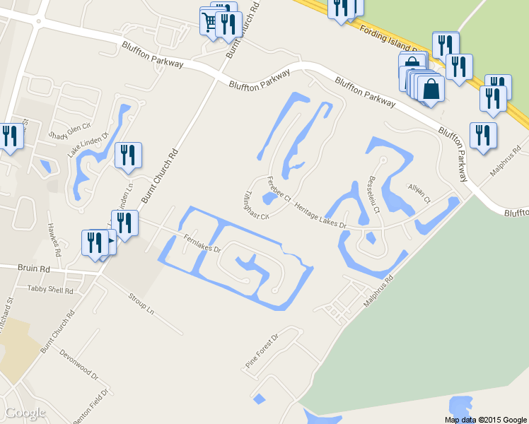 map of restaurants, bars, coffee shops, grocery stores, and more near 14 Tillinghast Circle in Bluffton