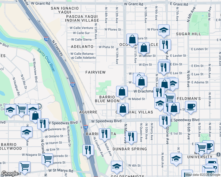 map of restaurants, bars, coffee shops, grocery stores, and more near 1360 North 14th Avenue in Tucson