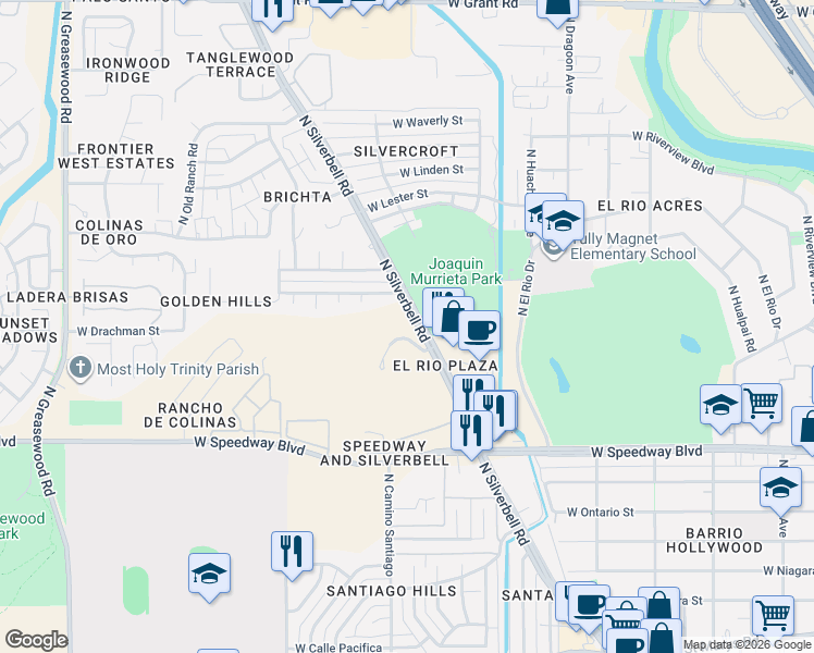map of restaurants, bars, coffee shops, grocery stores, and more near 1477 North Silverbell Road in Tucson