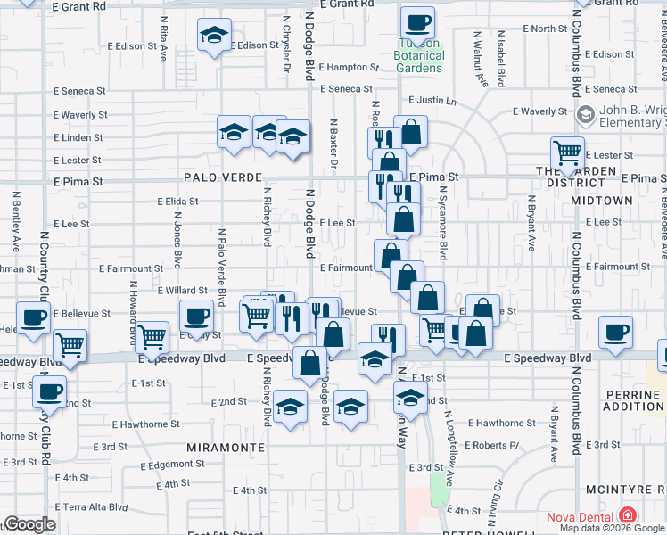 map of restaurants, bars, coffee shops, grocery stores, and more near 3730 East Fairmount Street in Tucson