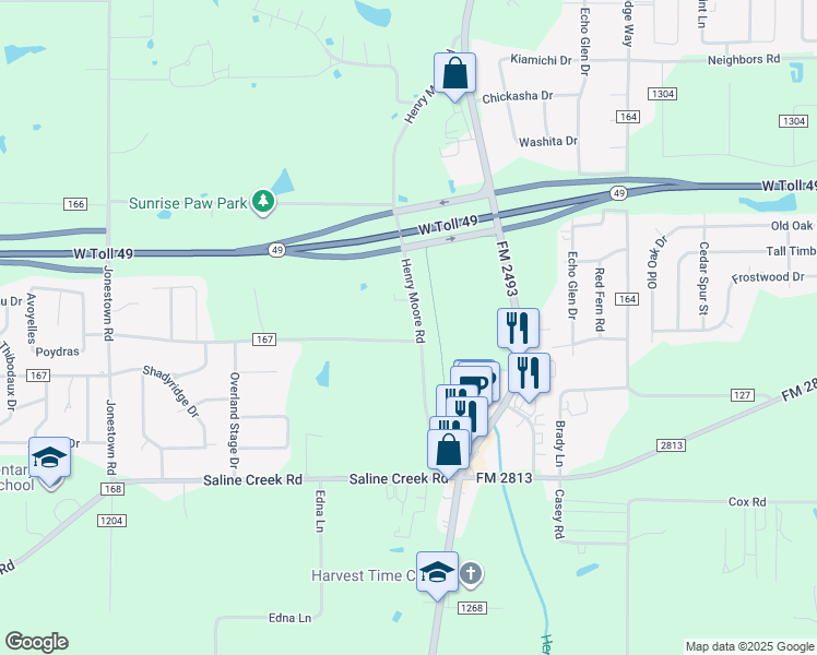 map of restaurants, bars, coffee shops, grocery stores, and more near 16518 County Road 165 in Tyler
