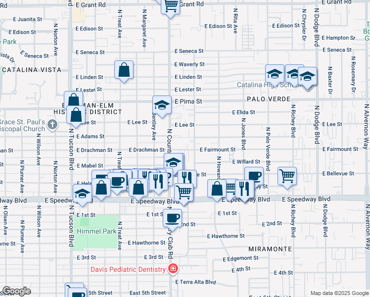 map of restaurants, bars, coffee shops, grocery stores, and more near 1333 North Camilla Boulevard in Tucson