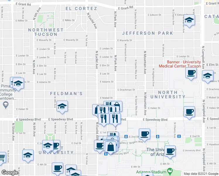 map of restaurants, bars, coffee shops, grocery stores, and more near 1338 North Tyndall Avenue in Tucson