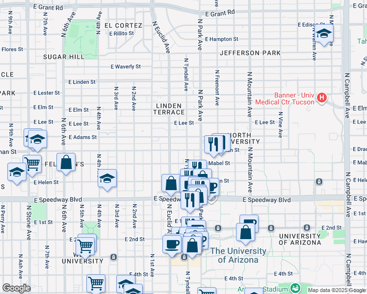map of restaurants, bars, coffee shops, grocery stores, and more near 1338 North Tyndall Avenue in Tucson