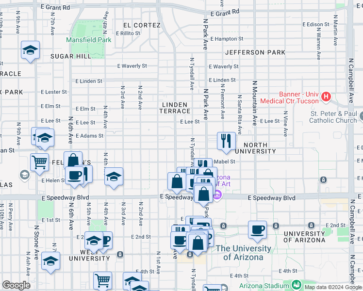 map of restaurants, bars, coffee shops, grocery stores, and more near in Tucson