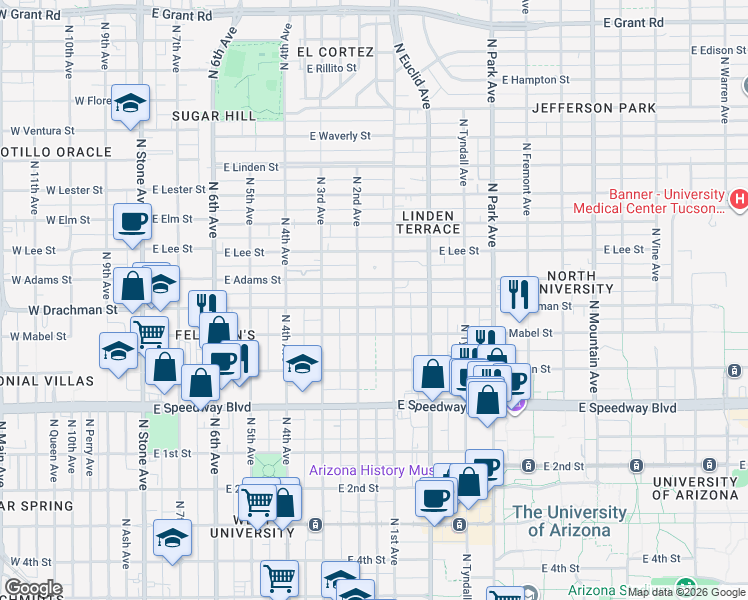 map of restaurants, bars, coffee shops, grocery stores, and more near 1336 North 2nd Avenue in Tucson