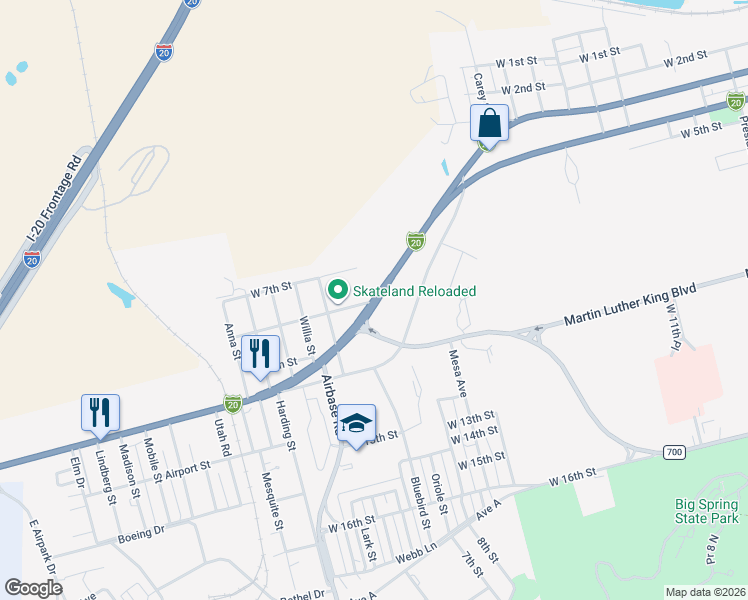 map of restaurants, bars, coffee shops, grocery stores, and more near 3304 U.S. 80 in Big Spring