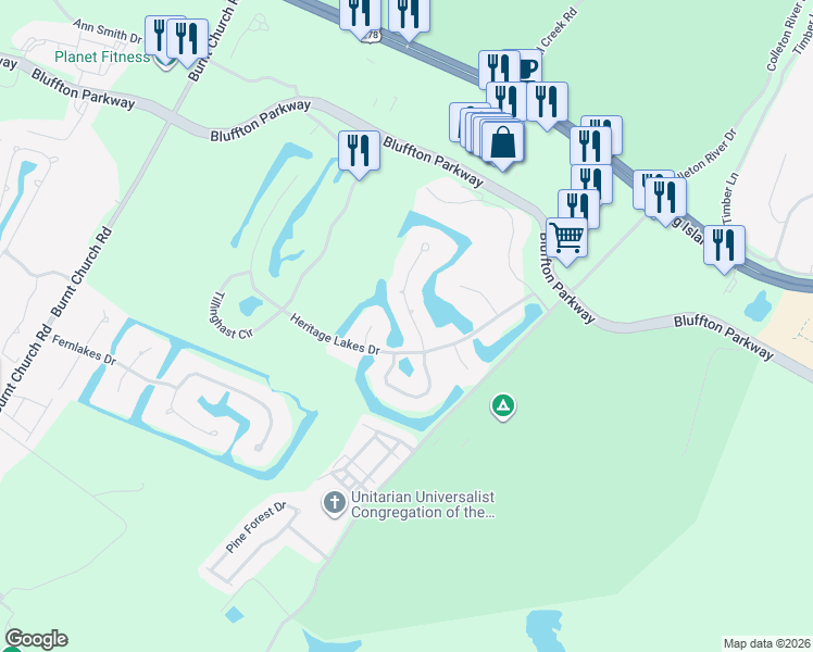 map of restaurants, bars, coffee shops, grocery stores, and more near 105 Besseleiu Court in Bluffton
