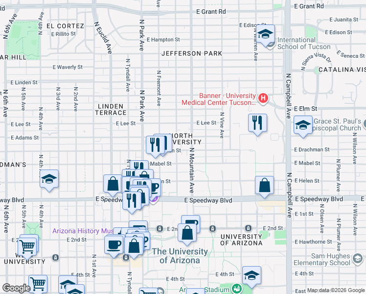 map of restaurants, bars, coffee shops, grocery stores, and more near 1208 East Drachman Street in Tucson