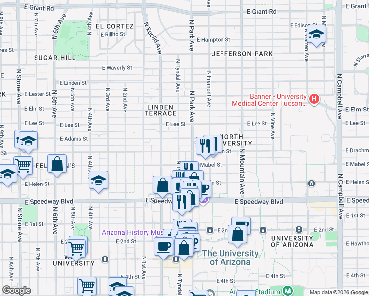 map of restaurants, bars, coffee shops, grocery stores, and more near 1338 North Tyndall Avenue in Tucson