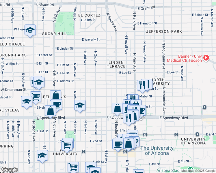 map of restaurants, bars, coffee shops, grocery stores, and more near 1414 North 1st Avenue in Tucson