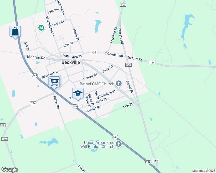 map of restaurants, bars, coffee shops, grocery stores, and more near 248 Jones Street in Beckville