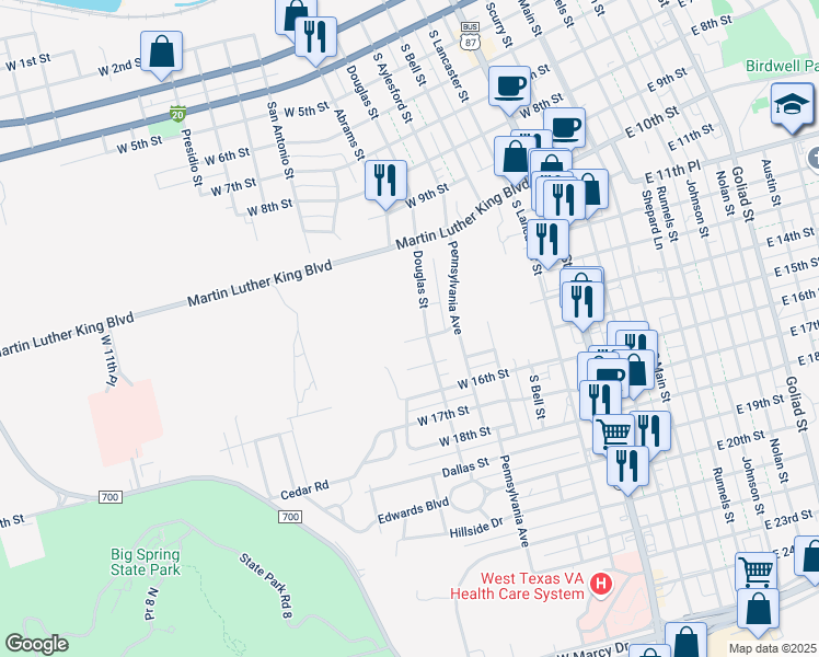 map of restaurants, bars, coffee shops, grocery stores, and more near 814 West 14th Street in Big Spring