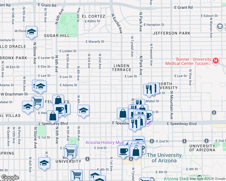 map of restaurants, bars, coffee shops, grocery stores, and more near 1340 North 1st Avenue in Tucson