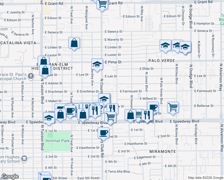 map of restaurants, bars, coffee shops, grocery stores, and more near 3131 East Fairmount Street in Tucson