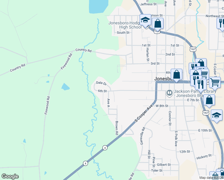 map of restaurants, bars, coffee shops, grocery stores, and more near 11 Dale Drive in Jonesboro