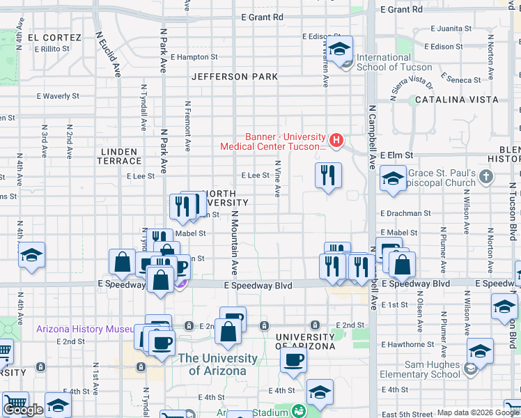 map of restaurants, bars, coffee shops, grocery stores, and more near 1430 East Drachman Street in Tucson