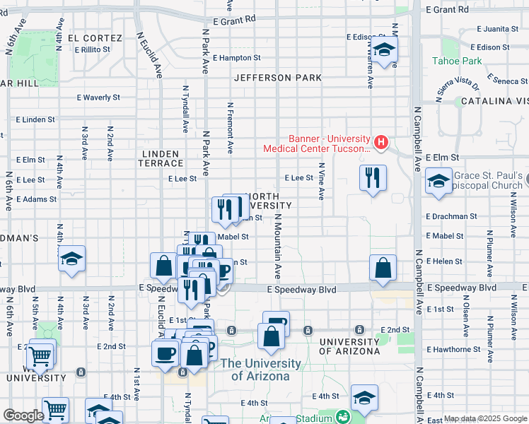 map of restaurants, bars, coffee shops, grocery stores, and more near 1208 East Drachman Street in Tucson