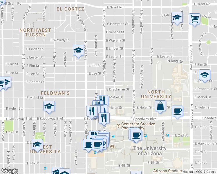 map of restaurants, bars, coffee shops, grocery stores, and more near 1330 North Park Avenue in Tucson