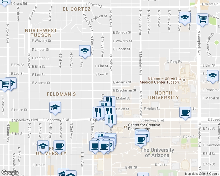map of restaurants, bars, coffee shops, grocery stores, and more near 1330 North Park Avenue in Tucson